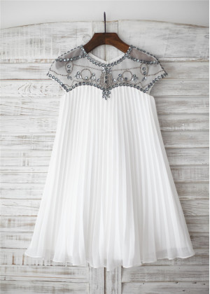 Sheer Beaded Neck Ivory Pleated Chiffon Stunning Flower Girl Dress